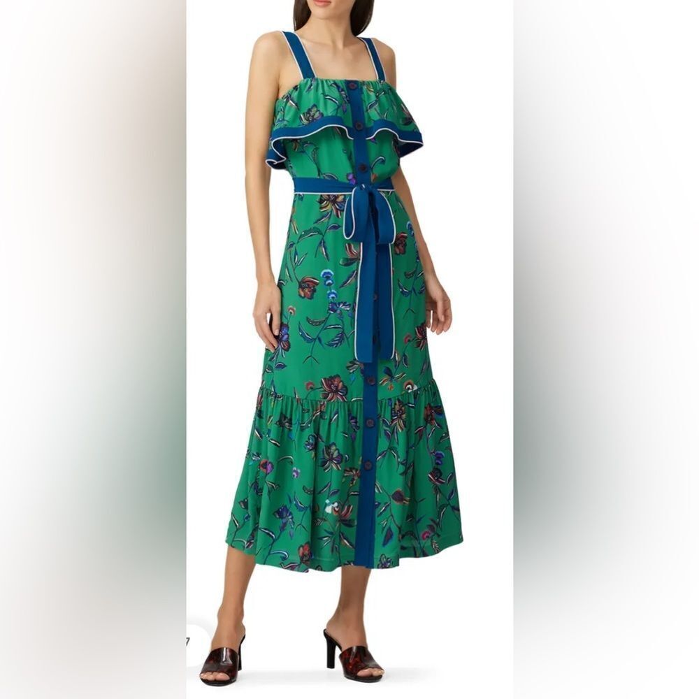 Derek Lam 10 Crosby Green Printed Ruffle Cami Dress Size 4